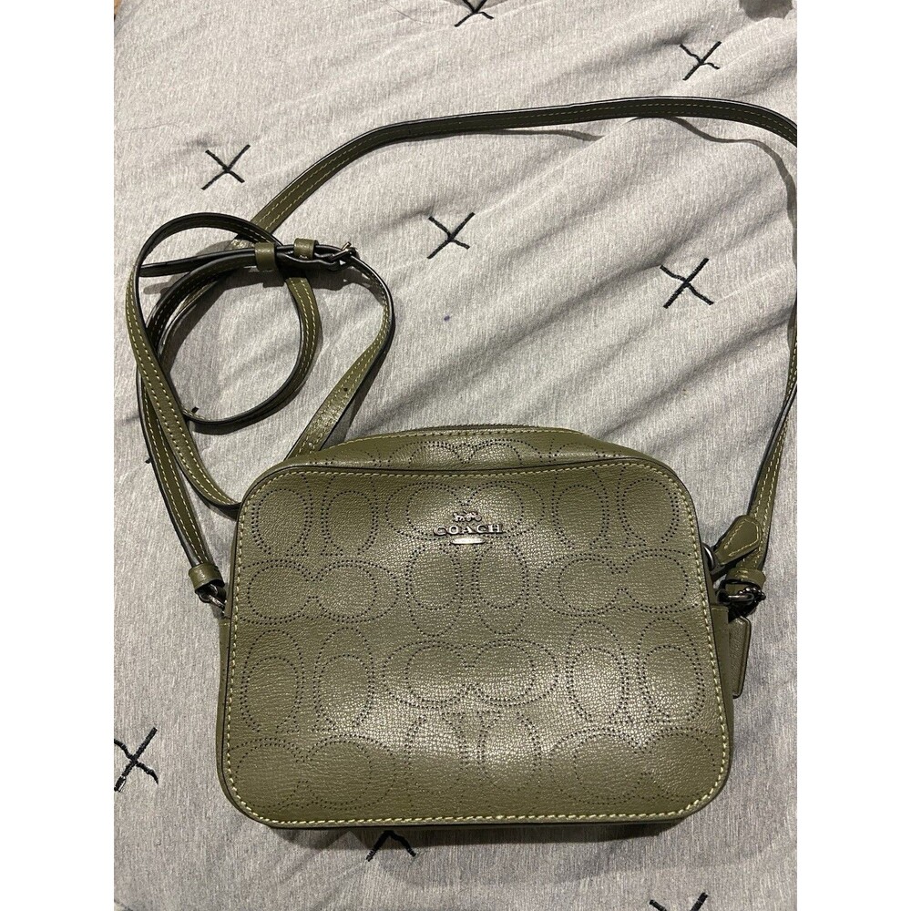 Coach Green Logo Crossbody Bag, Zip Top, Adjustable Detachable Strap, Pockets